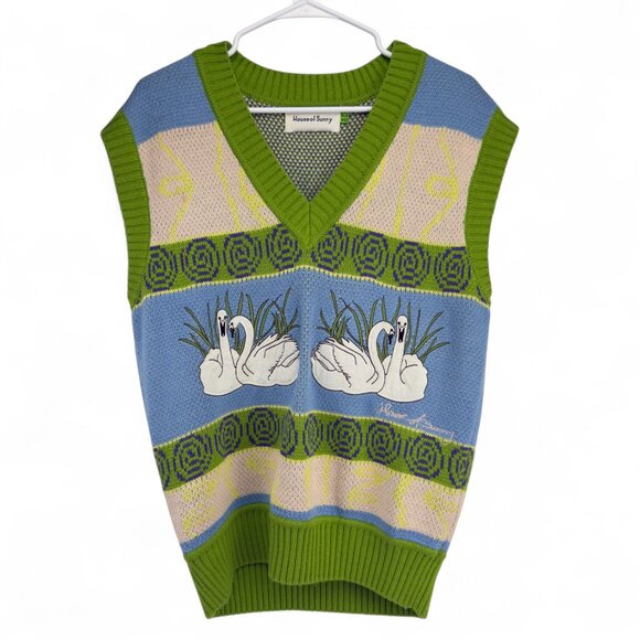 HOUSE OF SUNNY Swan Lake Green/Blue V-Neck Sleeveless Knit Vest US 6 - Picture 3 of 10